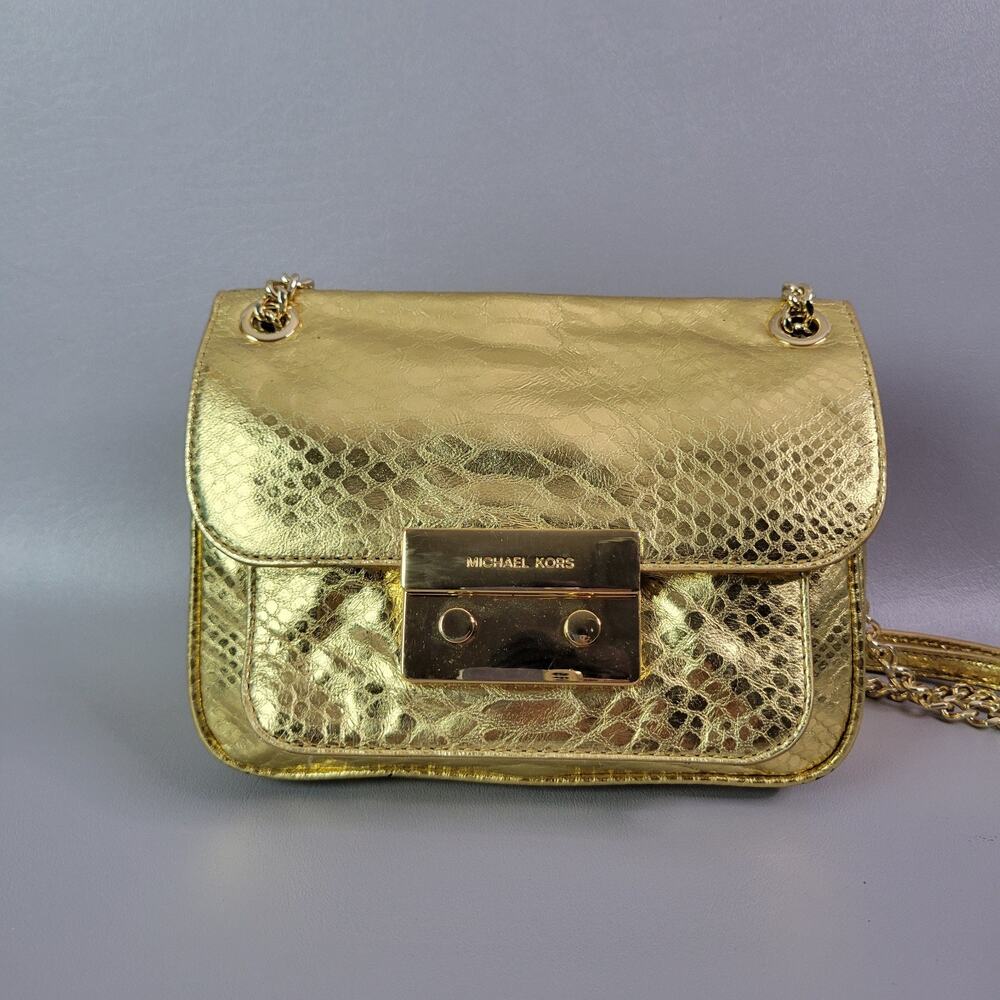 Michael Kors Mini Handbag Gold Snakeskin Embossed Chain Strap - Picture 3 of 15